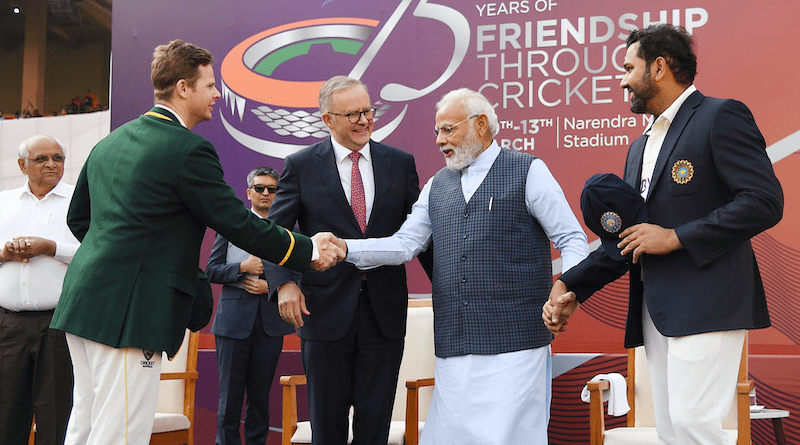 India's PM Narendra Modi with the Australian Prime Minister, Mr. Anthony Albanese during the India vs Australia 4th Test match at Narendra Modi Stadium at Ahemdabad, in Gujarat on March 9, 2023. Photo Credit: PM India Office
