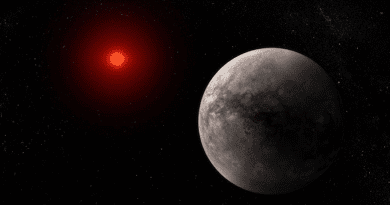This illustration shows what the hot rocky exoplanet TRAPPIST-1 b could look like based on this work. TRAPPIST-1 b, the innermost of seven known planets in the TRAPPIST-1 system, orbits its star at a distance of 0.011 AU, completing one circuit in just 1.51 Earth-days. TRAPPIST-1 b is slightly larger than Earth, but has around the same density, which indicates that it must have a rocky composition. Webb’s measurement of mid-infrared light given off by TRAPPIST-1 b suggests that the planet does not have any substantial atmosphere. The star, TRAPPIST-1, is an ultracool red dwarf (M dwarf) with a temperature of only 2,566 kelvins and a mass just 0.09 times the mass of the Sun. This illustration is based on new data gathered by Webb’s Mid-Infrared Instrument (MIRI) as well as previous observations from other ground- and space-based telescopes. Webb has not captured any images of the planet. Credits: NASA, ESA, CSA, J. Olmsted (STScI)