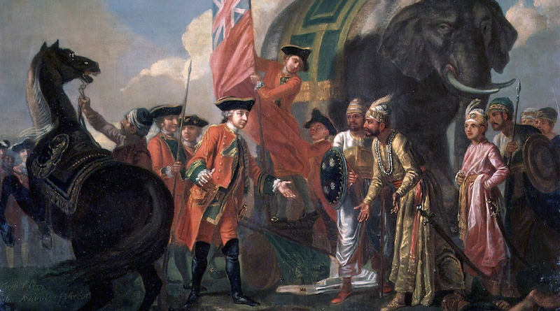 Robert Clive at the Battle of Plassey in 1757, which marked the defeat of the last independent Nawab of Bengal Siraj-ud-Daulah. Credit: Detail of painting by Francis Hayman, Wikipedia Commons