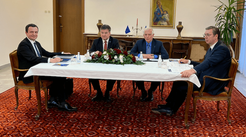 Albin Kurti (left), Miroslav Lajcak, Josep Borrell and Aleksandar Vucic during a joint meeting in Ohrid, North Macedonia, March 18 2023. Photo Credit: Josep Borrell, Twitter