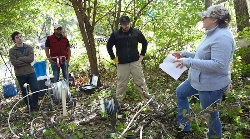 Nebraska’s Karrie Weber (far right) directs fellow Husker researchers on how to test for uranium levels in the groundwater near Alda, Nebraska. The team experimentally confirmed that nitrate, a compound common in fertilizers and animal waste, can help transport naturally occurring uranium from the underground to groundwater. CREDIT: Daugherty Water for Food Global Institute