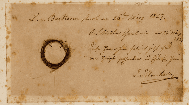 The Moscheles Lock, authenticated by the study, with inscription by former owner Ignaz Moscheles. CREDIT: Ira F. Brilliant Center for Beethoven Studies, San Jose State University