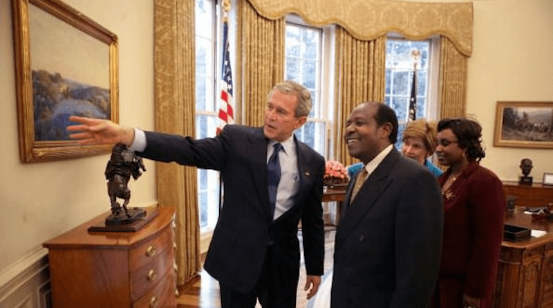 File photo of US President George W. Bush with Paul Rusesabegina. Photo Credit: Eric Draper, White House, Wikipedia Commons