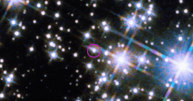 The Hubble Space Telescope’s Wide Field Camera 3 revealed the infrared afterglow (circled) of the BOAT GRB and its host galaxy, seen nearly edge-on as a sliver of light extending to the burst's upper right. This animation flips between images taken on Nov. 8 and Dec. 4, 2022, one and two months after the eruption. Given its brightness, the burst’s afterglow may remain detectable by telescopes for several years. Each picture combines three near-infrared images taken at wavelengths from 1 to 1.5 microns and is 34 arcseconds across. CREDIT NASA, ESA, CSA, STScI, A. Levan (Radboud University); Image Processing: Gladys Kober