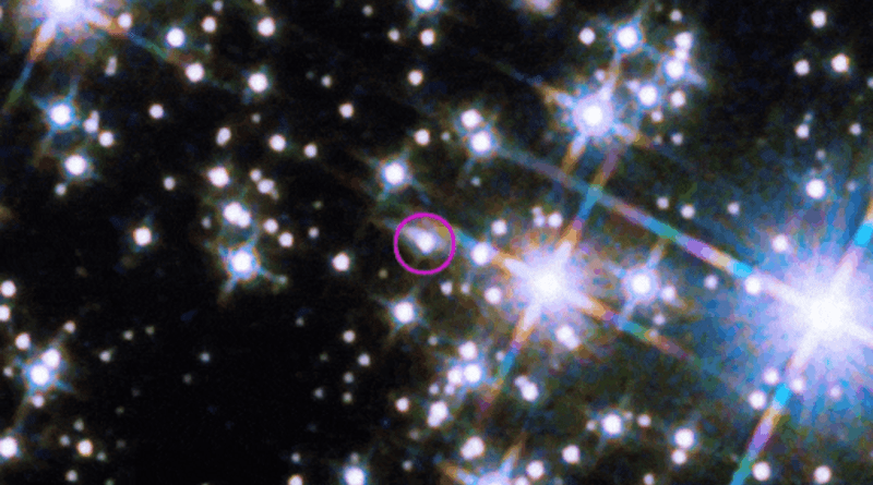 The Hubble Space Telescope’s Wide Field Camera 3 revealed the infrared afterglow (circled) of the BOAT GRB and its host galaxy, seen nearly edge-on as a sliver of light extending to the burst's upper right. This animation flips between images taken on Nov. 8 and Dec. 4, 2022, one and two months after the eruption. Given its brightness, the burst’s afterglow may remain detectable by telescopes for several years. Each picture combines three near-infrared images taken at wavelengths from 1 to 1.5 microns and is 34 arcseconds across. CREDIT NASA, ESA, CSA, STScI, A. Levan (Radboud University); Image Processing: Gladys Kober