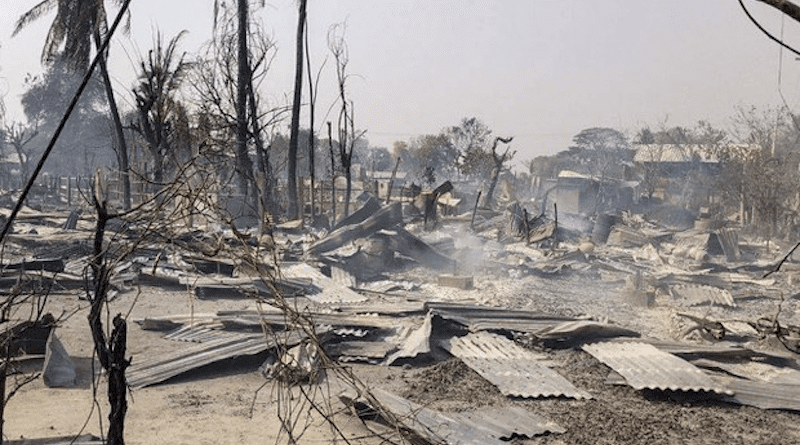 Kone Ywar village was nearly burned to the ground by Myanmar junta forces during a night raid Tuesday, Feb. 28, 2023, in Yinmarbin township, Sagaing region. Photo Credit: Citizen journalist, via RFA