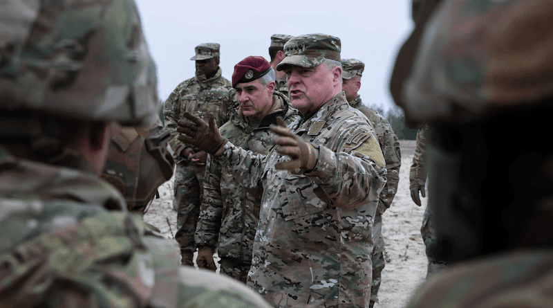 Army Gen. Mark A. Milley, chairman of the Joint Chiefs of Staff, and Senior Enlisted Advisor to the Chairman Ramón "CZ" Colón-López speak with paratroopers from the 82nd Airborne Division during a visit to Nowa Deba, Poland. Photo Credit: Army Master Sgt. Alexander Burnett