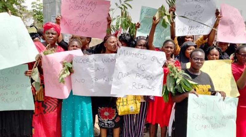 Women protesting electoral corruption in Abuja, Nigeria. Source: Global Information Network