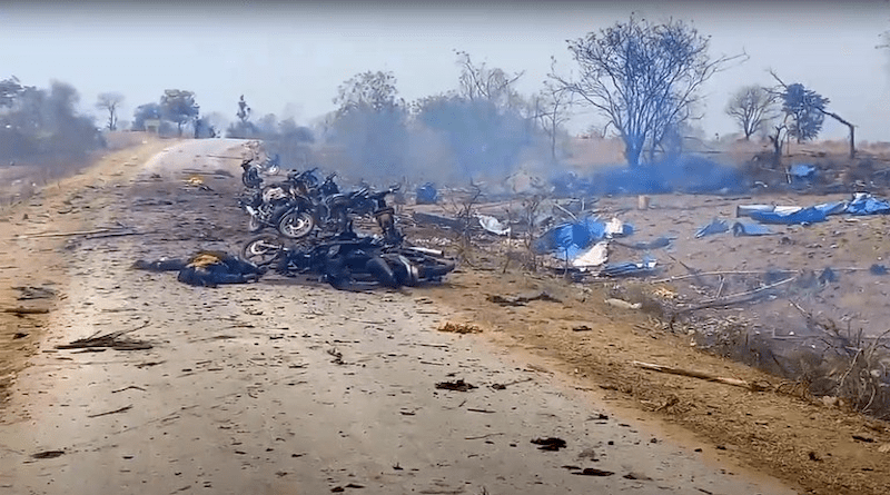 This image grab from a video shows the aftermath of shelling and airstrikes by Burmese junta forces on Pa Zi Gyi, a village in Kanbalu township in the Sagaing region of Myanmar, April 11, 2023. [Citizen journalist via RFA]