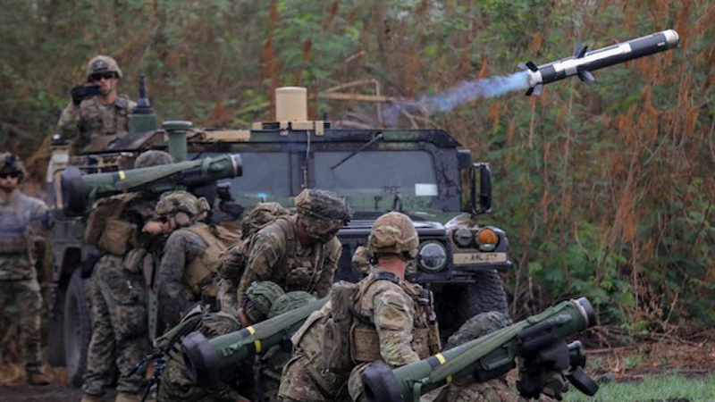 U.S. and Philippine soldiers fire Javelin shoulder-launched anti-tank missiles during the Balikatan exercises at Fort Magsaysay, Nueva Ecija province, northern Philippines, April 13, 2023. Photo Credit: Basilio Sepe/BenarNews