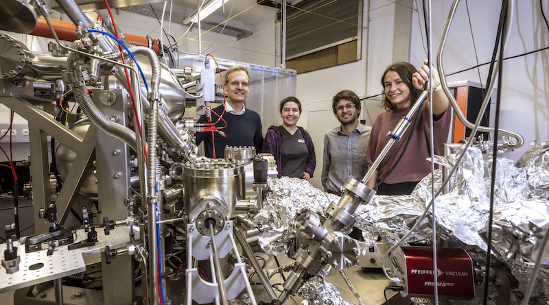 This team of experimental physicists from Graz University of Technology successfully demonstrated the functionality of a meta-optic: f.l.t.r.. Martin Schultze, Maryna Meretska (Harvard), Marcus Ossiander, Hana Hampl. source: Lunghammer – TU Graz