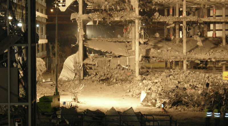 Aftermath of bomb exploded by ETA terrorist group at Barajas Airport parking lot, Madrid, Spain. Photo Credit: Sebastián García, Wikipedia Commons