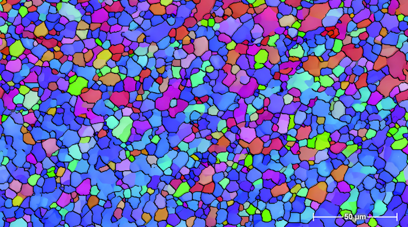 The microstructure within an aluminum trapezoid shows highly refined and uniform grain size, key to achieving a strong and reliable product. CREDIT (Image courtesy of Nicole Overman; enhancement by Cortland Johnson | Pacific Northwest National Laboratory)