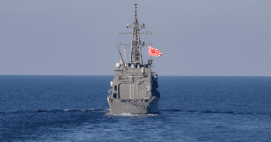 A Japanese destroyer steams through the South China Sea while conducting operations with the U.S. Navy, March 25, 2023. Photo Credit: Navy Petty Officer 1st Class Greg Johnson