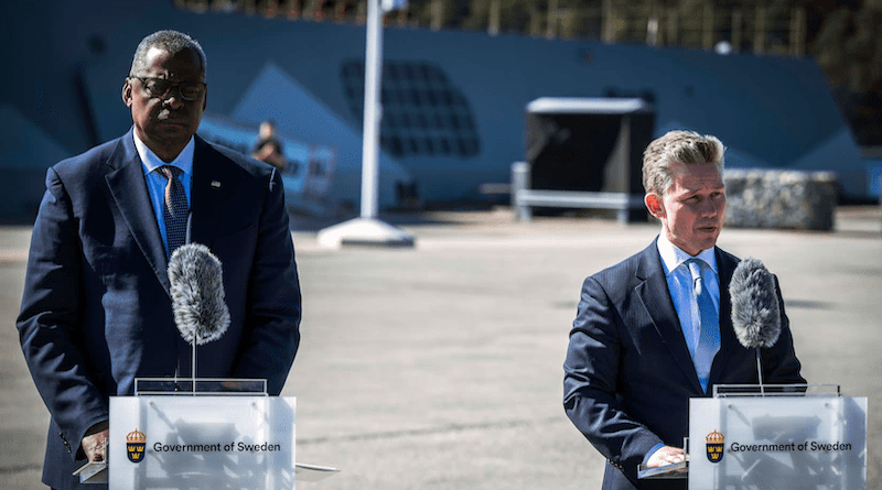 Secretary of Defense Lloyd J. Austin III, left, and Swedish Defense Minister Pal Jonson answer questions during a news conference at Musko Naval Base, Sweden, April 19, 2023. Photo Credit: Chad J. McNeeley, DOD