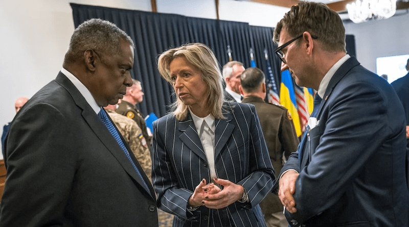 Secretary of Defense Lloyd J. Austin III, left, speaks with Dutch Defense Minister of Defense Kajsa Ollongren, center, at the 11th meeting of the Ukraine Defense Contact Group at Ramstein Air Base, Germany, April 21, 2023. Photo Credit: Chad J. McNeeley, DOD