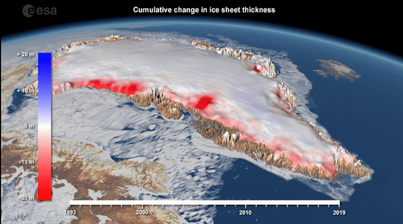Areas in red highlight the zones of cumulative change in ice sheet thickness in Greenland, between 1993-2019 CREDIT: IMBIE / CPOM at Northumbria University