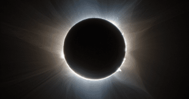 The Citizen CATE 2024 project produced this false color image of the solar corona during the 2023 total solar eclipse from Exmouth, Western Australia. The image combines two crossed polarization angles, indicated by color. Prominences, loops and streamers are easily visible in this high-resolution image. CREDIT: SwRI/Citizen CATE 2024/Dan Seaton