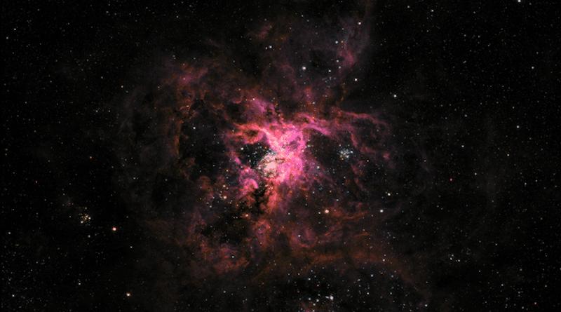 A false-colour image taken by the SuperBIT telescope soon after launch in visible and ultra-violet light of the "Tarantula Nebula” - a neighbourhood of the Large Magellanic Cloud where new stars are being born. CREDIT: SuperBIT