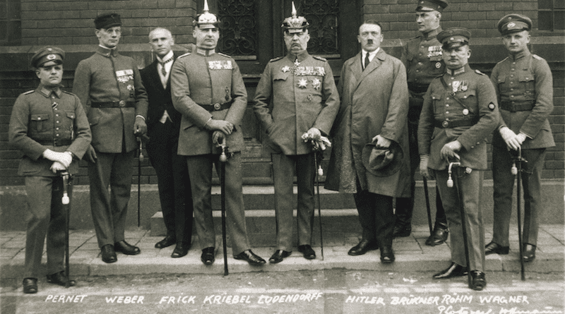 Hitler with his co-conspirators in the Beer Hall Putsch trial 1 April 1924. Photo Credit: Heinrich Hoffmann, German Federal Archive, Wikipedia Commons