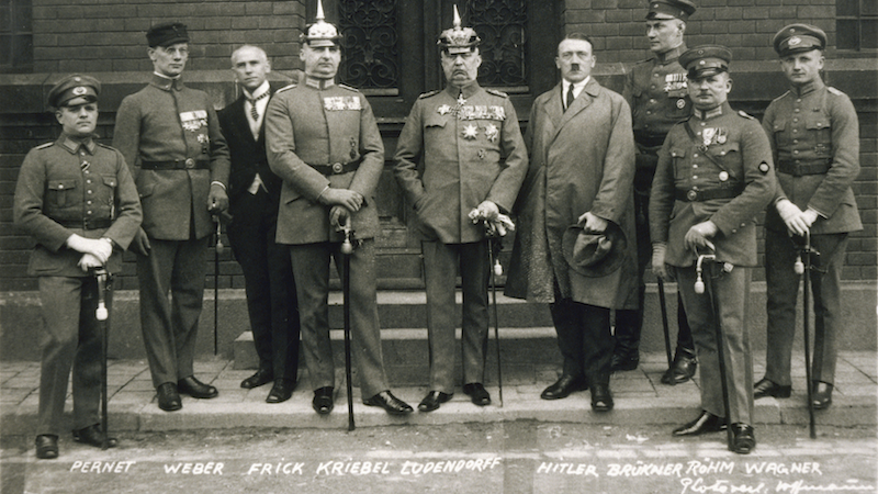 Hitler with his co-conspirators in the Beer Hall Putsch trial 1 April 1924. Photo Credit: Heinrich Hoffmann, German Federal Archive, Wikipedia Commons