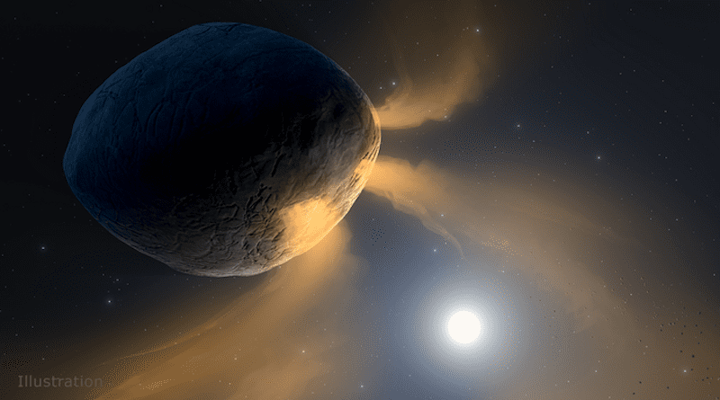 This illustration depicts asteroid Phaethon being heated by the Sun. The asteroid’s surface gets so hot that sodium inside Phaethon’s rock likely vaporizes and vents into space, causing it to brighten like a comet and form a tail. CREDIT: NASA/JPL-Caltech/IPAC