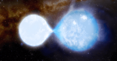 The smaller, brighter, hotter star (left), which is 32 times the mass of our Sun, is currently losing mass to its bigger companion (right), which has 55 times the mass of our Sun. The stars are white and blue as they are so hot: 43,000 and 38,000 degrees Kelvin respectively. Credit: UCL / J. daSilva