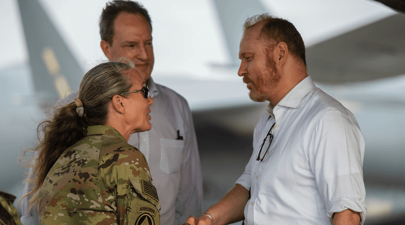 Maj. Gen. Jami Shawley, the commanding general of Combined Joint Task Force-Horn of Africa, left, greets John T. Godfrey, the U.S. Ambassador to the Republic of Sudan, right, at Camp Lemonnier, Djibouti, April 23, 2023. Photo Credit: Air Force Staff Sgt. Joseph Leveille