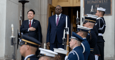 Secretary of Defense Lloyd J. Austin III stands with South Korean President Yoon Suk Yeol during the playing of the U.S. and Korean national anthems prior to a meeting at the Pentagon, April 27, 2023. Photo Credit: Navy Petty Officer 2nd Class Alexander Kubitza