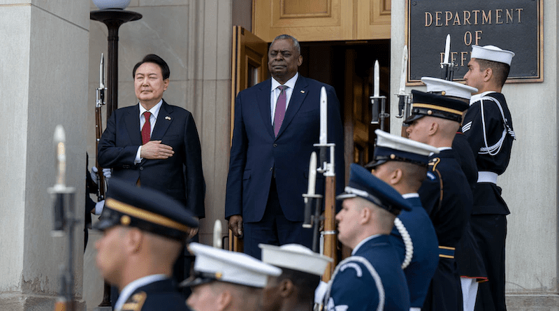 Secretary of Defense Lloyd J. Austin III stands with South Korean President Yoon Suk Yeol during the playing of the U.S. and Korean national anthems prior to a meeting at the Pentagon, April 27, 2023. Photo Credit: Navy Petty Officer 2nd Class Alexander Kubitza