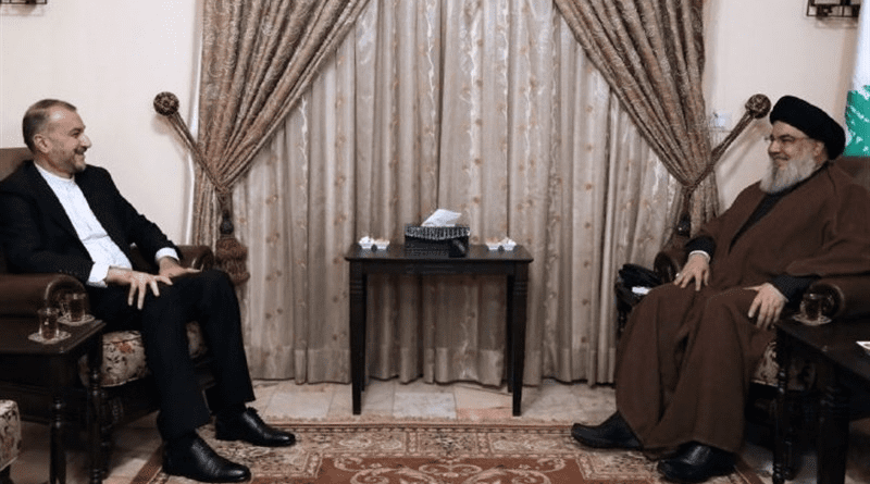 Iranian Foreign Minister Hossein Amirabdollahian and Secretary General of Lebanese Hezbollah Sayyid Hassan Nasrallah. Photo Credit: Tasnim News Agency