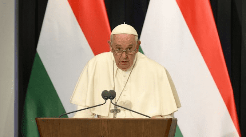 Pope Francis addresses civil authorities and other dignitaries at a former a Carmelite monastery in Budapest, Hungary, on April 28, 2023, on the first day of his three-day pilgrimage to the country. | Vatican Media
