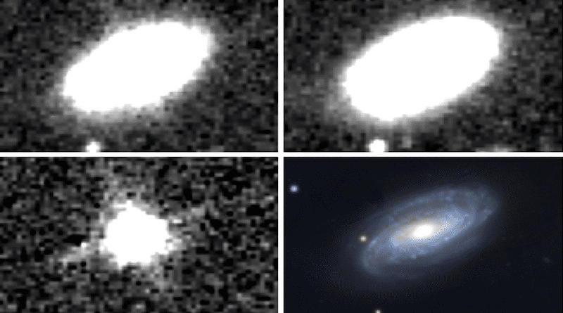 Astronomers at MIT and elsewhere have observed infrared signs of the closest tidal disruption event (TDE) to date. A bright flare was detected from the galaxy NGC 7392 in 2015 (top left panel). Observations of the same galaxy were taken in 2010-2011 (top right), prior to the TDE. The bottom left shows the difference between the first two images, representing the actual, detected TDE. For comparison, the bottom right panel shows the same galaxy in the optical waveband. CREDIT: Courtesy of Christos Panagiotou, et al