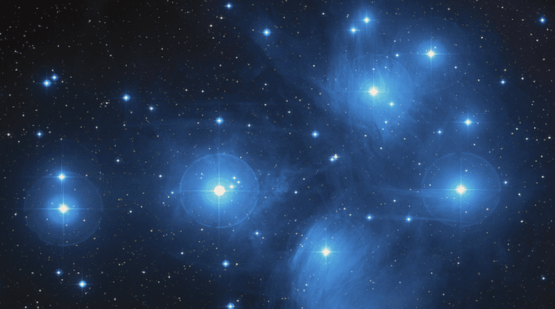 This cluster of stars, known as the Pleiades to Western astronomers, is known as Subaru in Japan and gives its name to the 8.2-meter Subaru telescope on the summit of Maunakea in Hawai’i. Subaru is operated by the National Astronomical Observatory of Japan. CREDIT: NASA, ESA, AURA/Caltech, Palomar Observatory