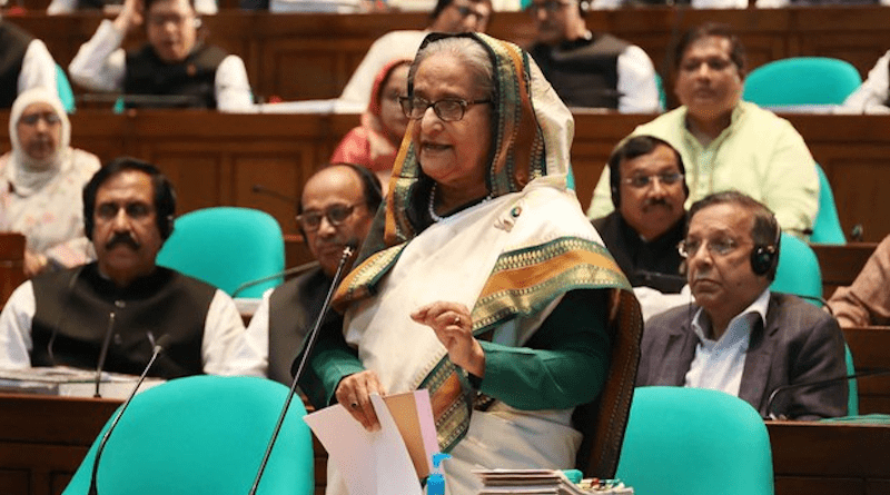 Bangladesh Prime Minister Sheikh Hasina delivers a speech in parliament. [Handout Press Information Department]
