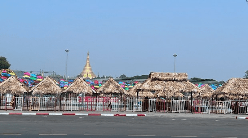 Thingyan pavilions built by Myanmar’s military junta are seen in People’s Square in Yangon on Monday, April 10, 2023. Photo Credit: RFA