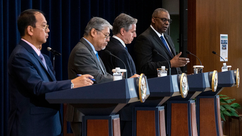 Secretary of Defense Lloyd J. Austin III and Secretary of State Antony J. Blinken conduct a news conference with Philippine Secretary of Foreign Affairs Enrique A. Manalo and Philippine Officer in Charge of the Department of National Defense Carlito Galvez after a 2+2 Ministerial Dialogue in Washington, April 11, 2023. Photo Credit: Navy Petty Officer 2nd Class Alexander Kubitza