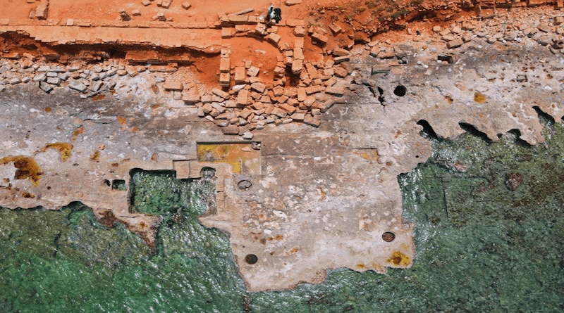 Recent drone image (2022) showing damage to archaeological structures at the ancient harbor of Apollonia (Eastern Libya) caused by coastal erosion. CREDIT: Saad Buyadem, CC-BY 4.0 (https://creativecommons.org/licenses/by/4.0/)