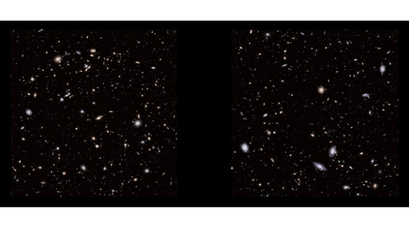 This image of the Hubble Ultra Deep Field was taken by the Near-Infrared Camera on NASA’s James Webb Space Telescope. The Webb image observes the field at depths comparable to Hubble – revealing galaxies of similar faintness – in just one-tenth as much observing time. It includes 1.8-micron light shown in blue, 2.1-micron light shown in green, 4.3-micron light shown in yellow, 4.6-micron light shown in orange, and 4.8-micron light shown in red (filters F182M, F210M, F430M, F460M, and F480M). Download the full resolution from the Space Telescope Science Institute. https://webbtelescope.org/contents/media/images/01GXE4A07MB2RG6GHDGF3CHHJ4 Credit: NASA, ESA, CSA, Joseph DePasquale (STScI), Christina Williams (U. of Arizona).