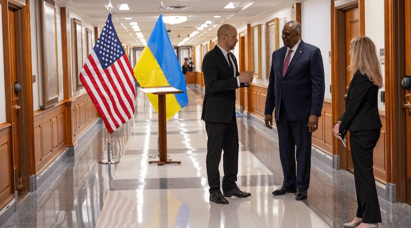 Secretary of Defense Lloyd J. Austin III speaks with Ukrainian Prime Minister Denys Shmyhal during a meeting at the Pentagon, April 12, 2023. Photo Credit: Air Force Tech. Sgt. Jack Sanders, DOD