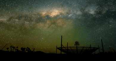 The HERA radio telescope, located in Karoo in South Africa, consists of 350 dishes pointed upward to detect radio waves from the early universe. CREDIT: Dara Storer