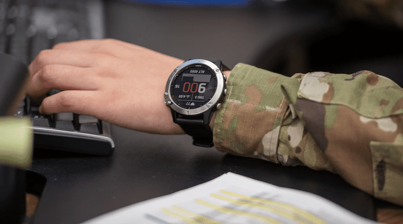 Air Force Airman Katiha Falcon wears a watch at Hill Air Force Base, Utah. The wearable technology is part of a study with the Defense Innovation Unit that will allow detection of illnesses such as COVID-19 within 48-hours. Photo Credit: Cynthia Griggs, Air Force