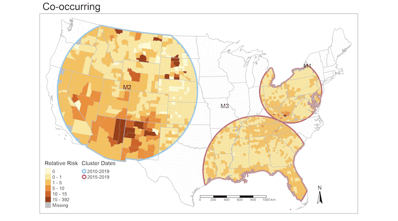 County relative risk and geographic location of space-time co-occurring clusters of deaths of despair in the United States, 2000-2019 (Credit: American Journal of Preventive Medicine).