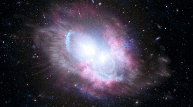 This artist's impression illustrates that astronomers using an array of ground- and space-based telescopes, including Gemini North on Hawai‘i, have uncovered a closely bound duo of energetic quasars — the hallmark of a pair of merging galaxies — seen when the Universe was only three billion years old. This discovery sheds light on the evolution of galaxies at “cosmic noon,” a period in the history of the Universe when galaxies underwent bursts of furious star formation. This merger also represents a system on the verge of becoming a giant elliptical galaxy. CREDIT: International Gemini Observatory/NOIRLab/NSF/AURA/M. Zamani, J. da Silva