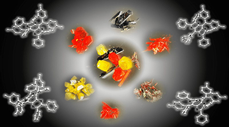 Crystals of the newly synthesized compounds, anthraquinodimethane derivatives, which have different colors depending on their molecular structure (Yusuke Ishigaki). CREDIT: Yusuke Ishigaki