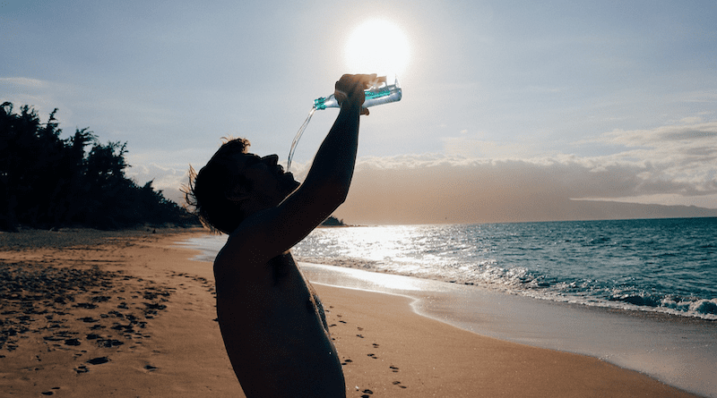 Man Male Drinking Water Beach Ocean Hot Day