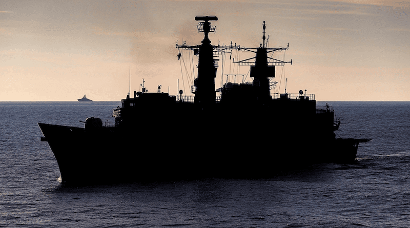 ROS Regele Ferdinand sailing in the Black Sea as part of Standing NATO Maritime Group Two (SNMG2) in the Black Sea, Russian Krivak class frigate in the distance. NATO photo by GBRN LPhot Paul Hall.