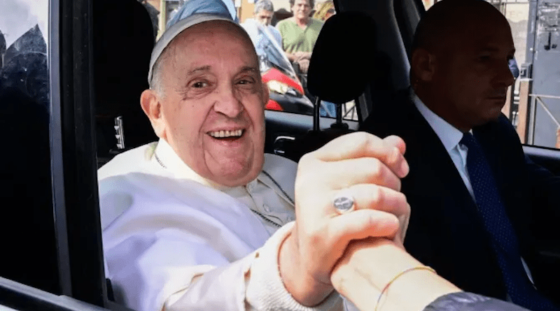 Pope Francis greets crowd after being discharged from hospital April 1, 2023. Photo Credit: Vatican Media