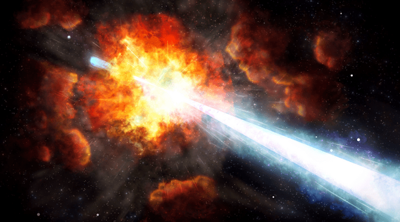 Artist's illustration of a gamma-ray burst resulting from a collapsing stars, ejecting particles and radiation in a narrow jet. CREDIT: Soheb Mandhai