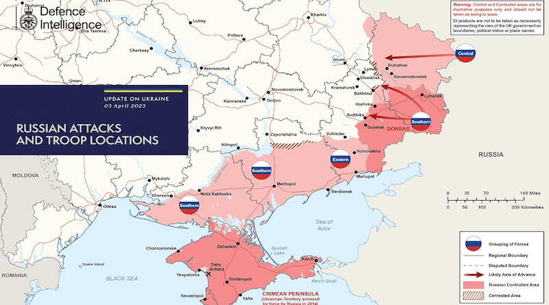 Russian attacks and troop locations as of April 3, 2023. Photo Credit: UK Ministry of Defence.